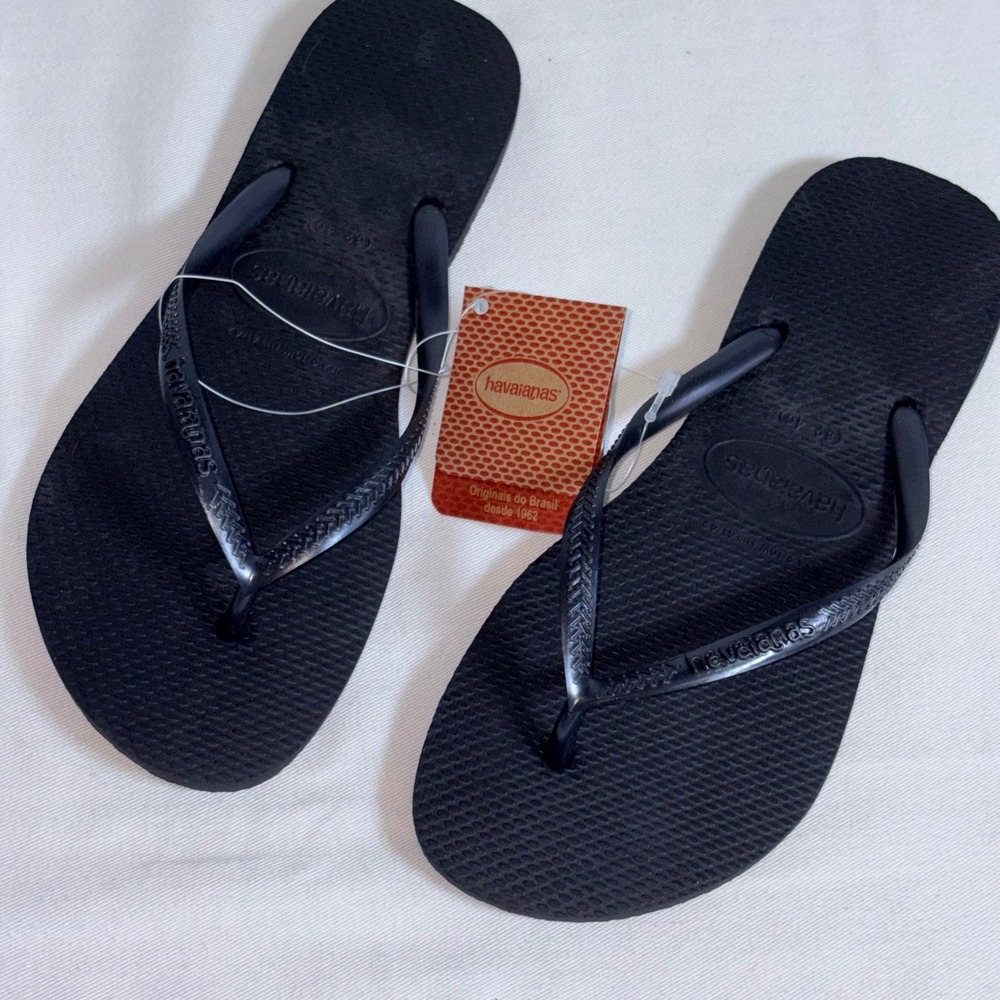 Havaianas Slim Flip Flops 9 - 10 Black New Rubber Thong Sandals Brazil Beach